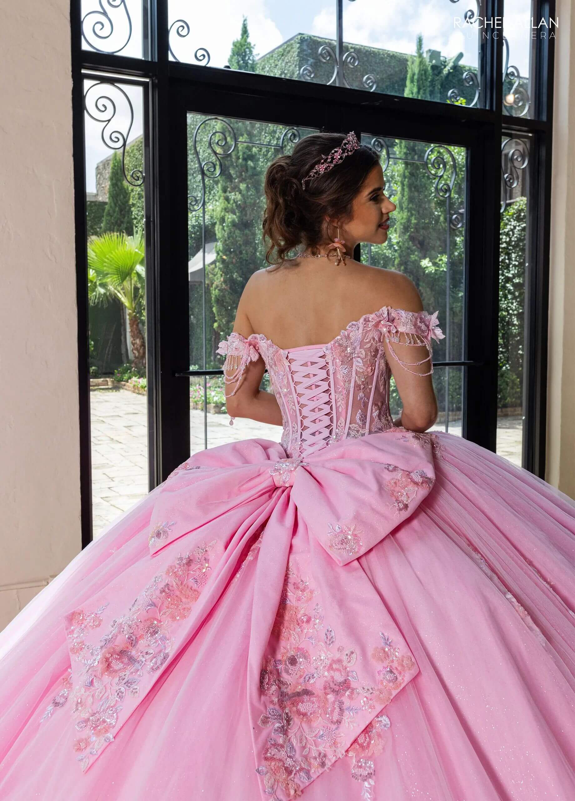 Pink Off the Shoulder Floor Length Glitter Tulle Quinceanera Ball Gown with Floral Applique Rachel Allan RQ1184