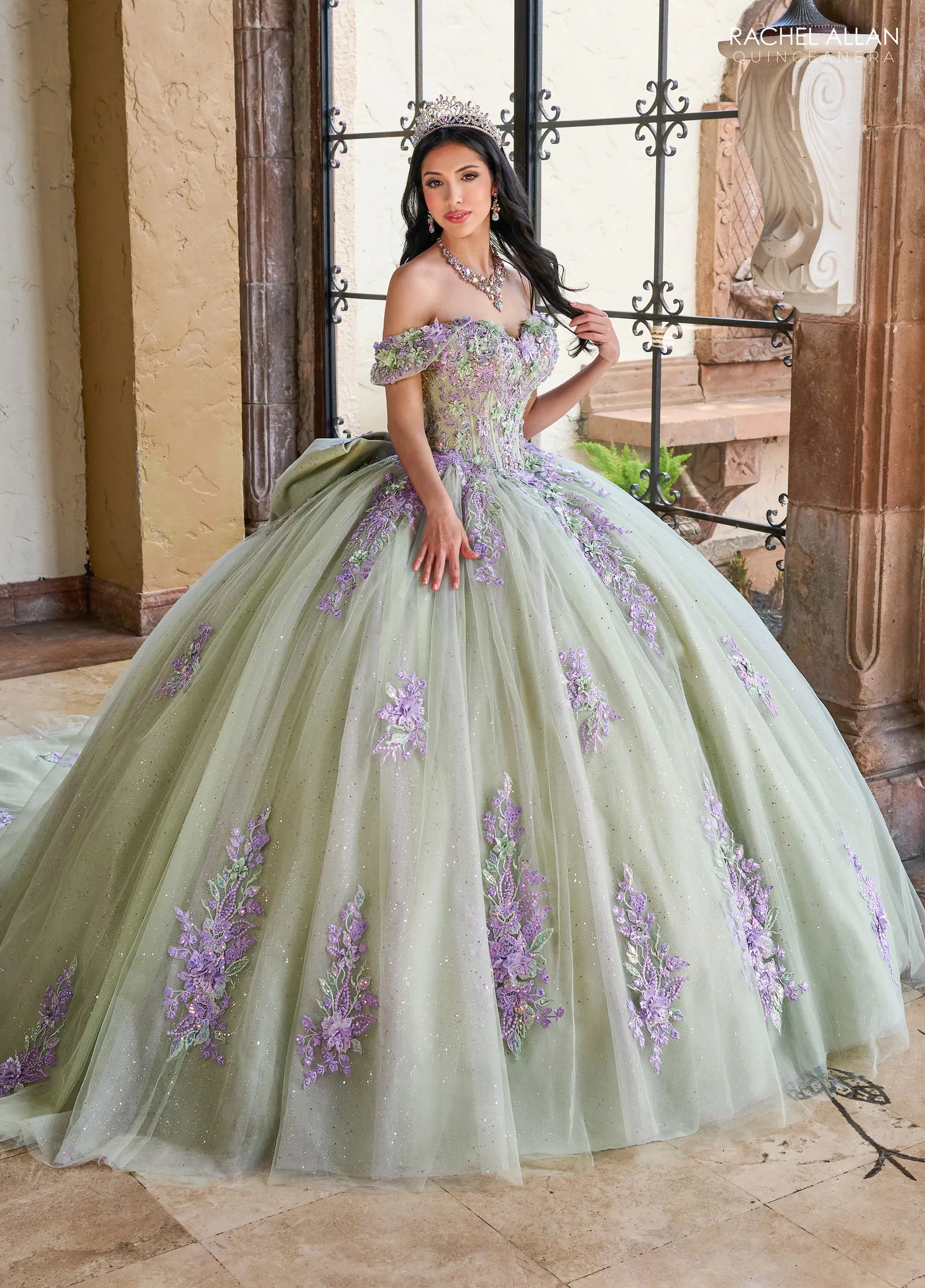 Sage Multi Off the Shoulder Floor Length Glitter Tulle Quinceanera Ball Gown with Floral Embroidery Rachel Allan RQ1153
