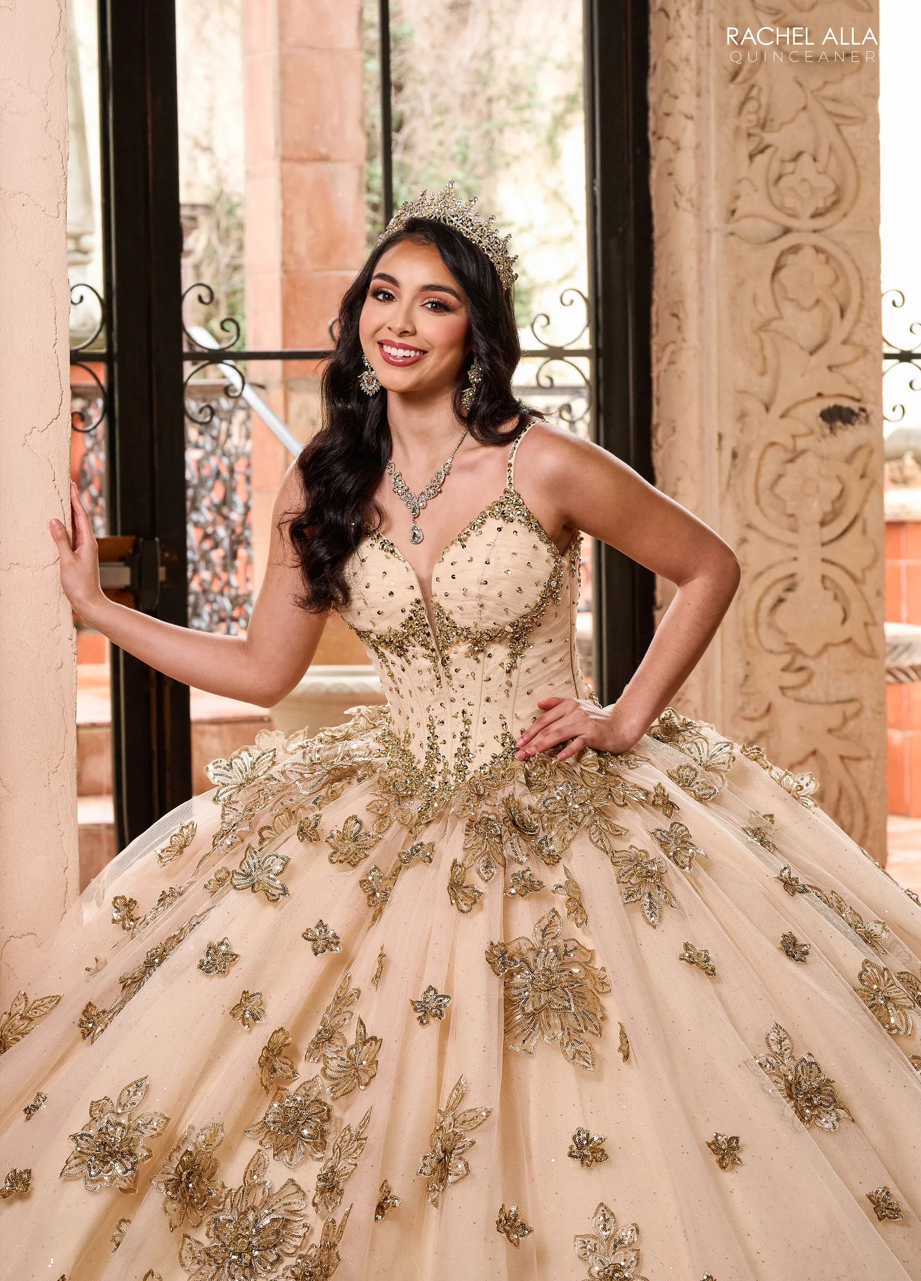 Champagne Rose Gold Sweetheart Floor Length Glitter Tulle Quinceanera Ball Gown with Embroidery Rachel Allan RQ1149