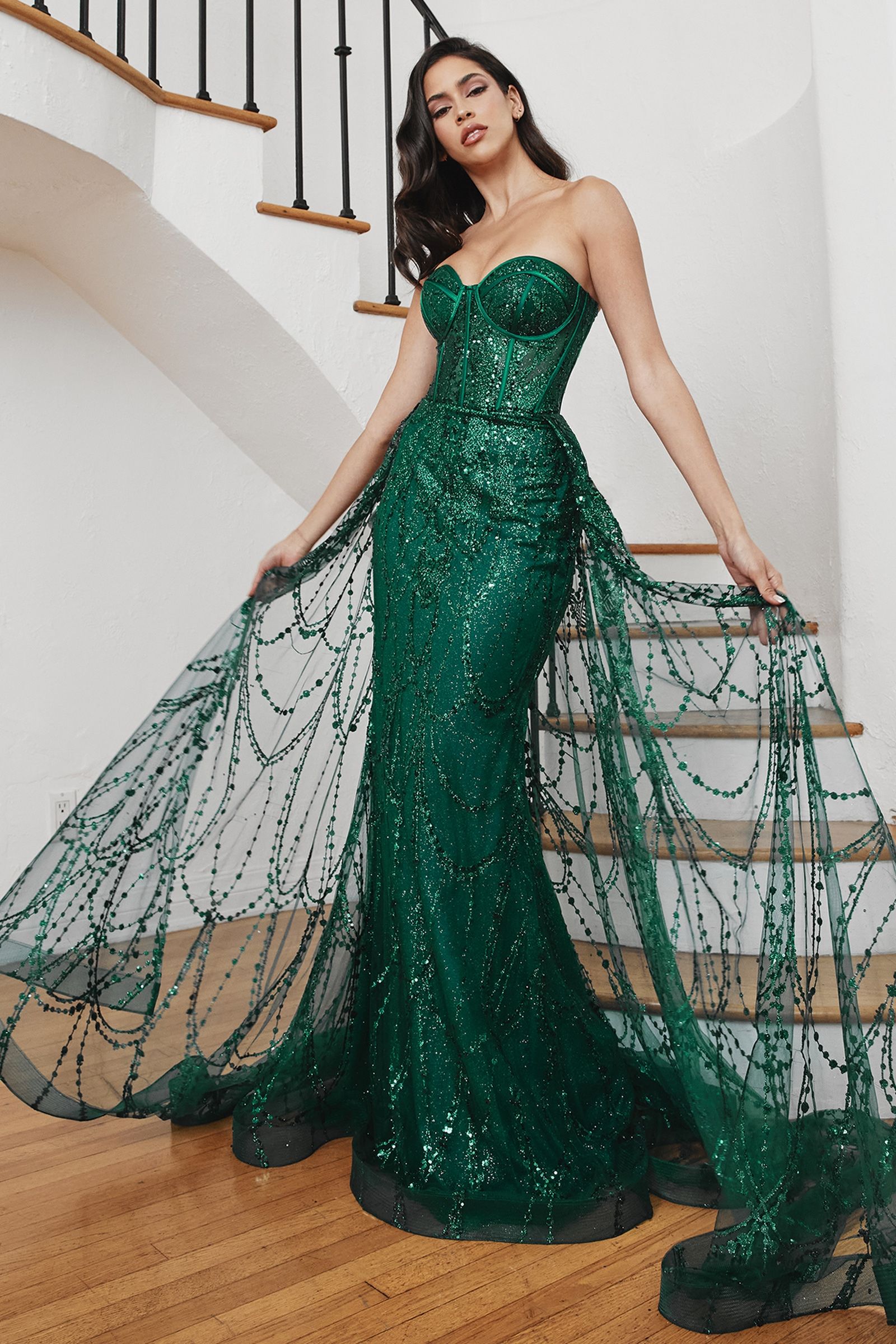 LaDivine CB095 Strapless Long Fitted Prom Gown in Emerald