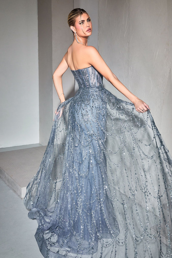 LaDivine CB095 Strapless Long Fitted Prom Gown in Smoky Blue