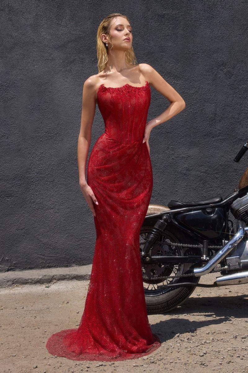 Prom Dresses Corset Long Formal Beaded Fitted Prom Dress Red Nude
