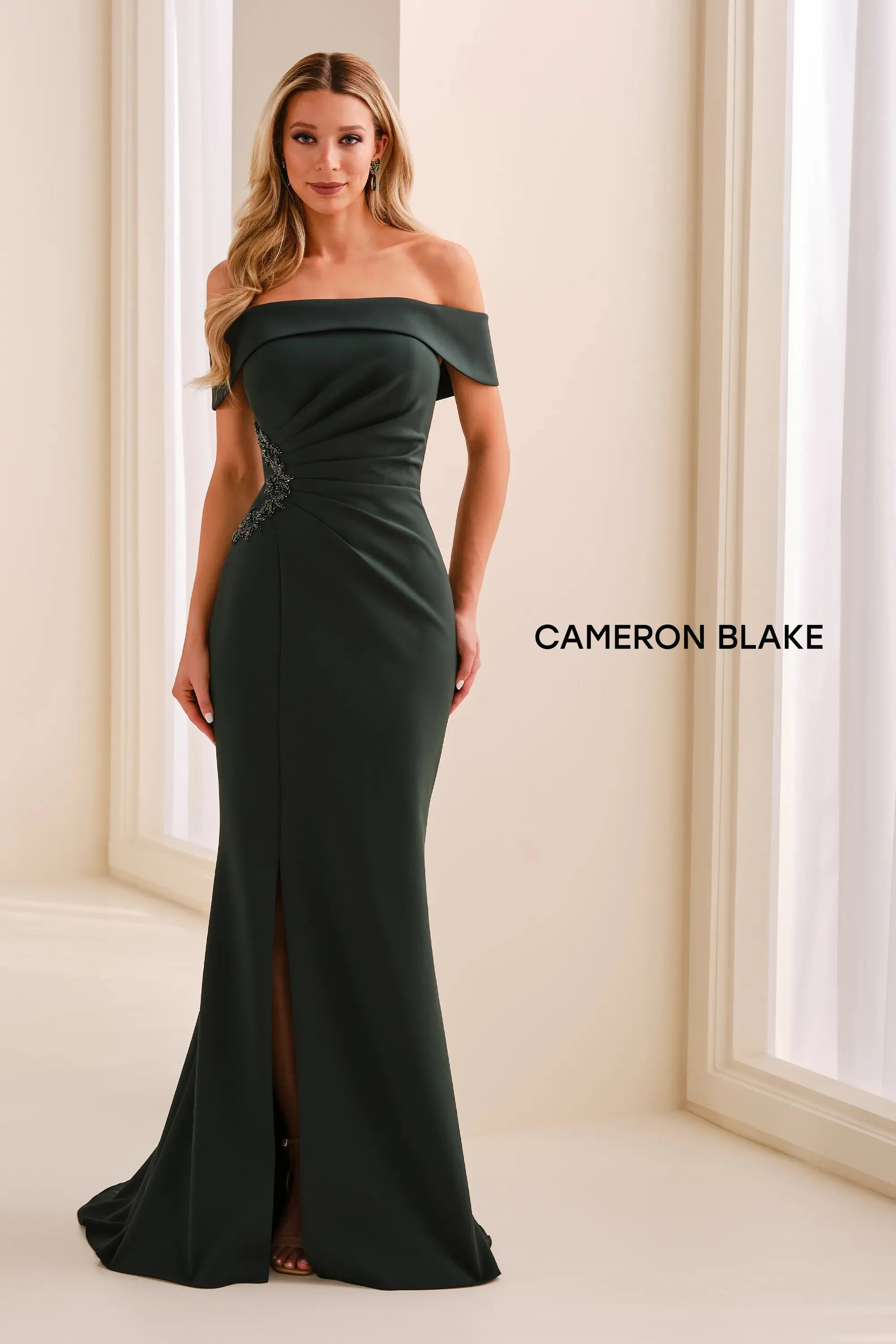 Off-the-Shoulder Floor-Length Crepe Formal Sheath/Column Cameron Blake 442