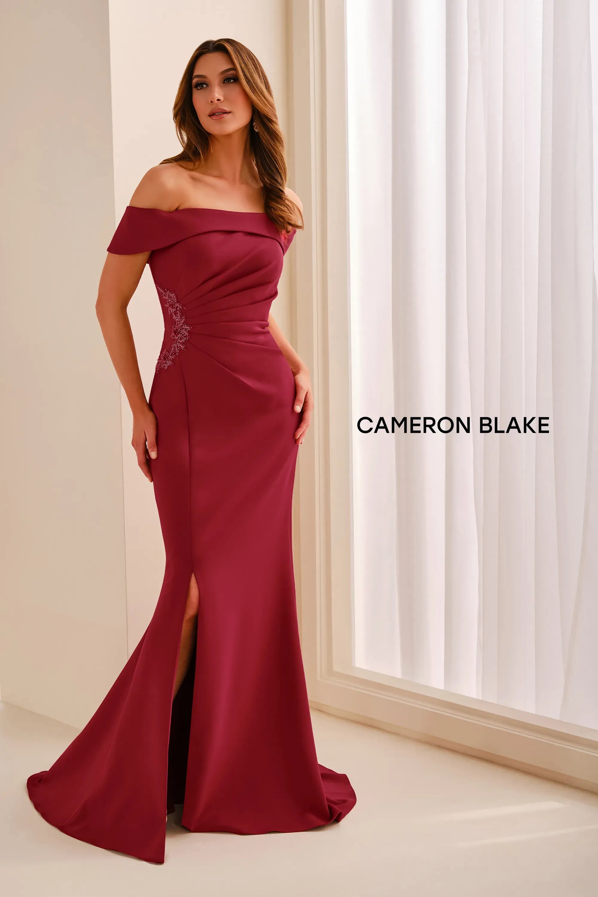 Off-the-Shoulder Floor-Length Crepe Formal Sheath/Column Cameron Blake 442