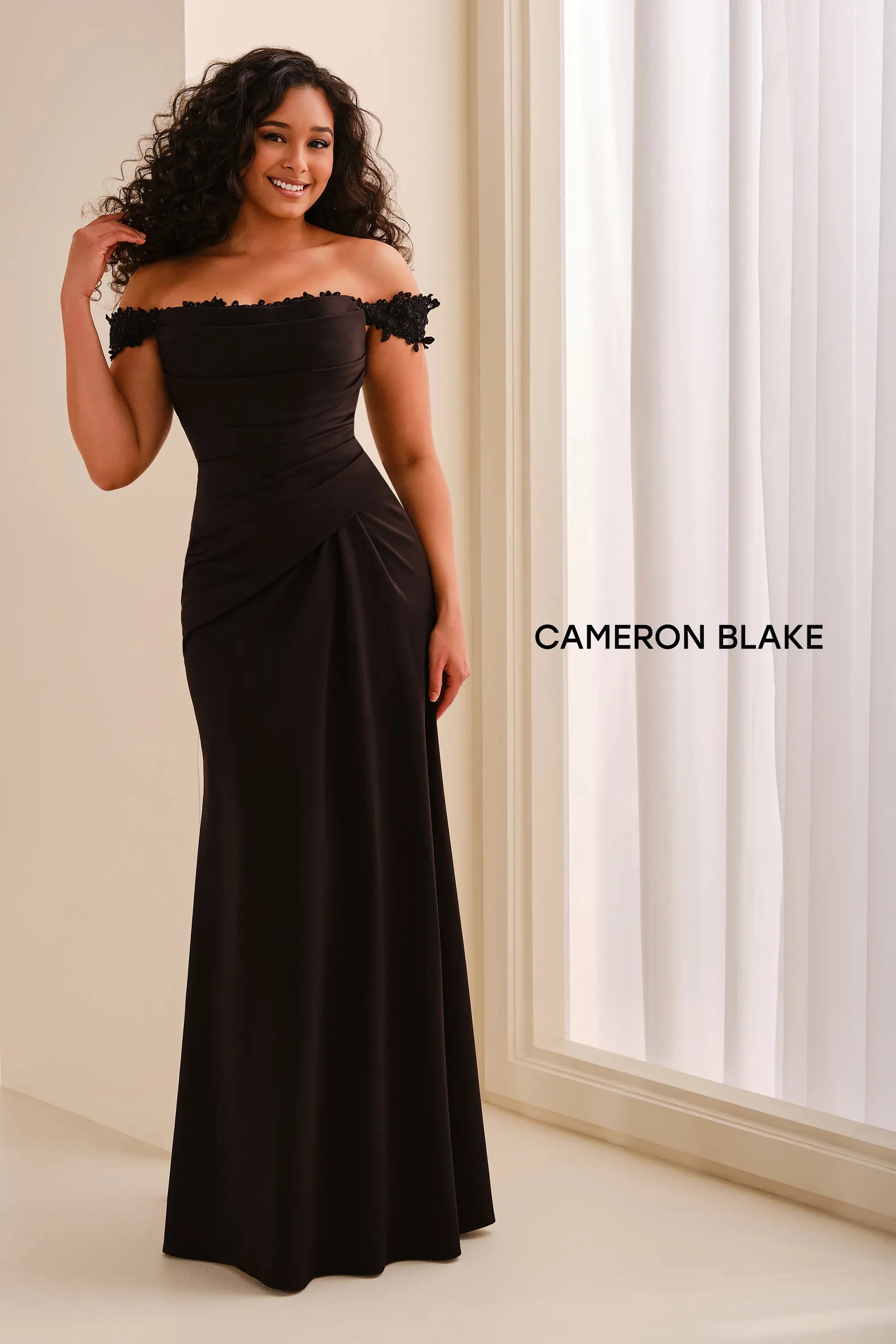 Off-the-Shoulder Floor-Length Crepe Formal Sheath/Column Cameron Blake CB444