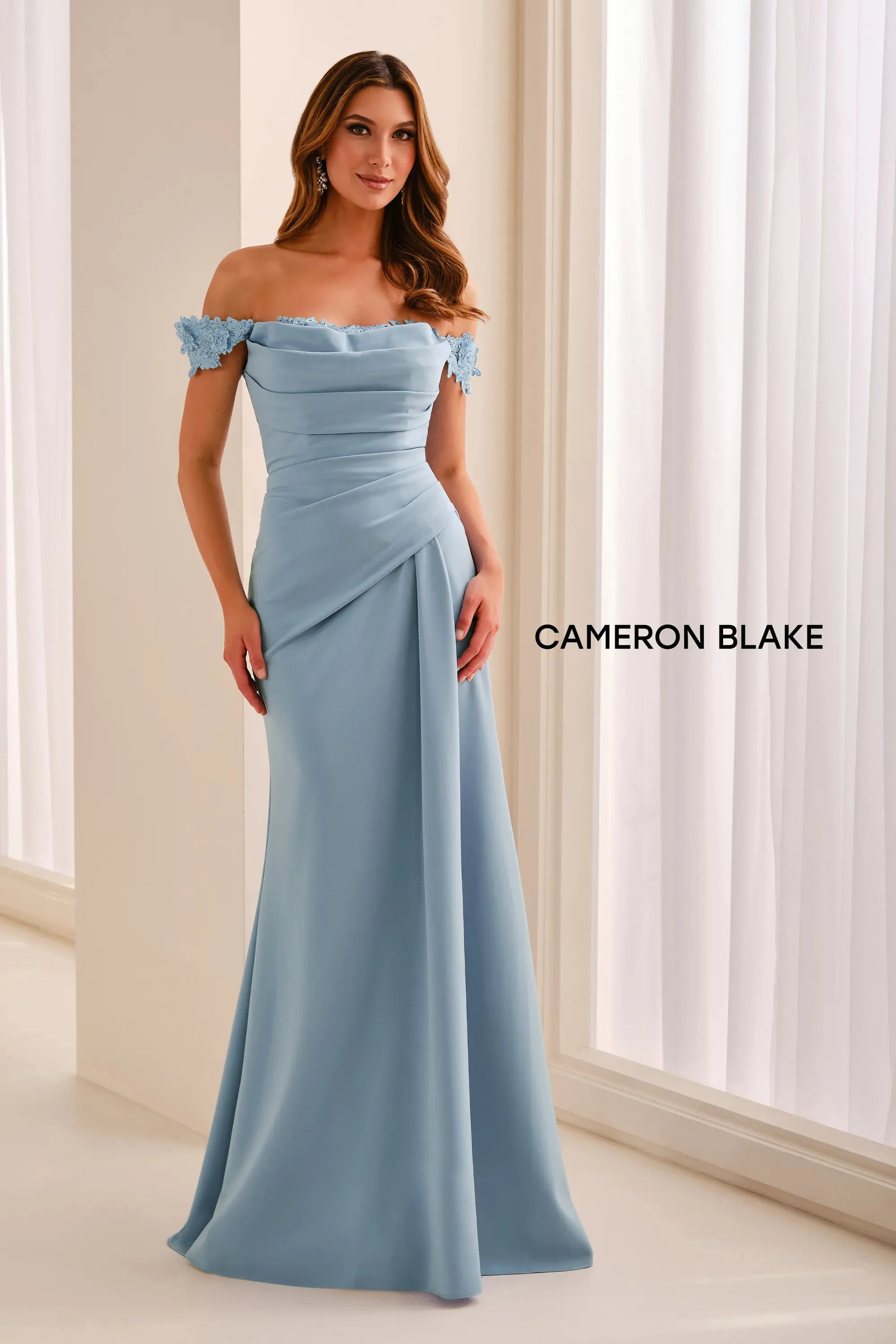 Off-the-Shoulder Floor-Length Crepe Formal Sheath/Column Cameron Blake CB444