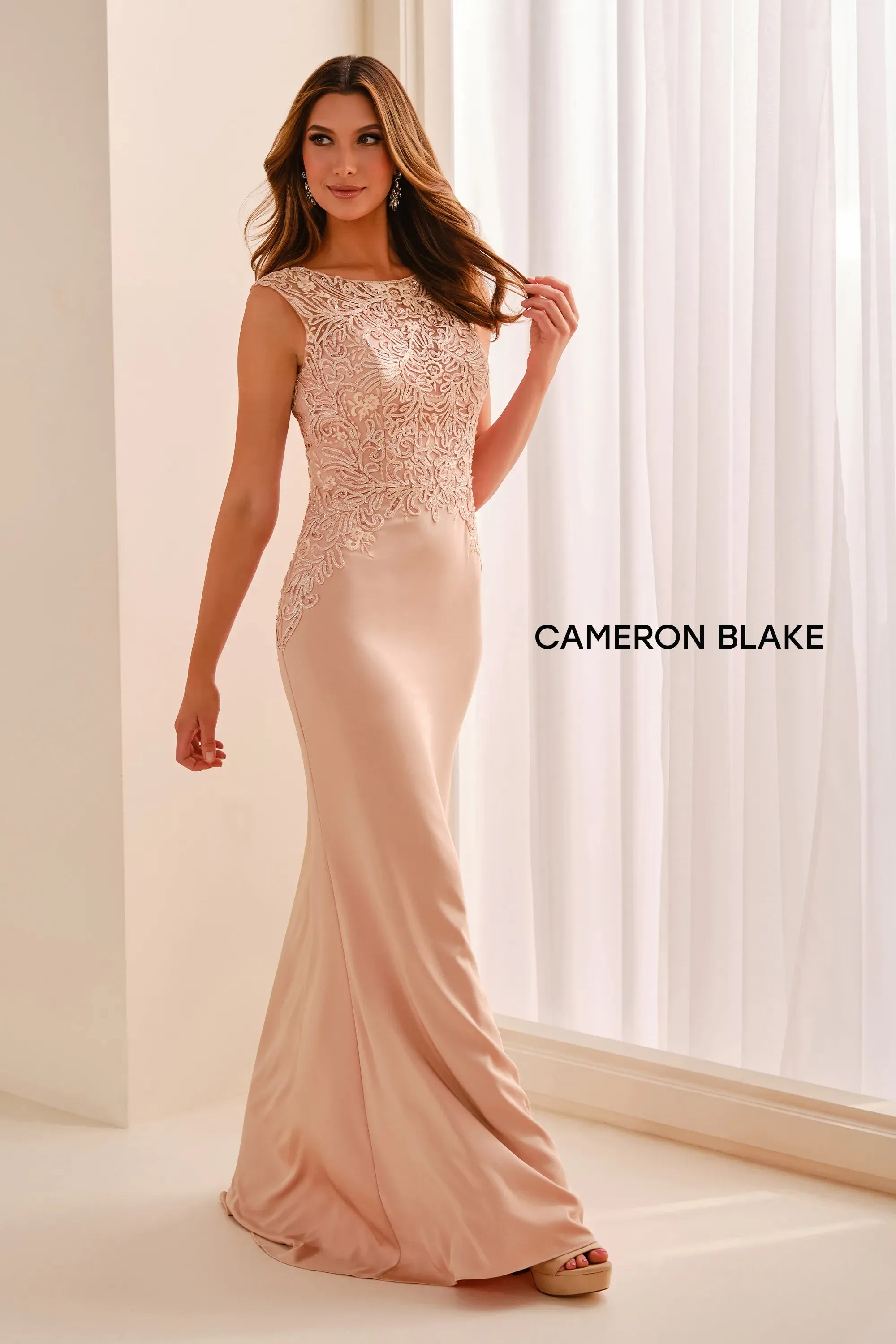 Jewel Floor-Length Lace Formal Sheath/Column Cameron Blake CB445