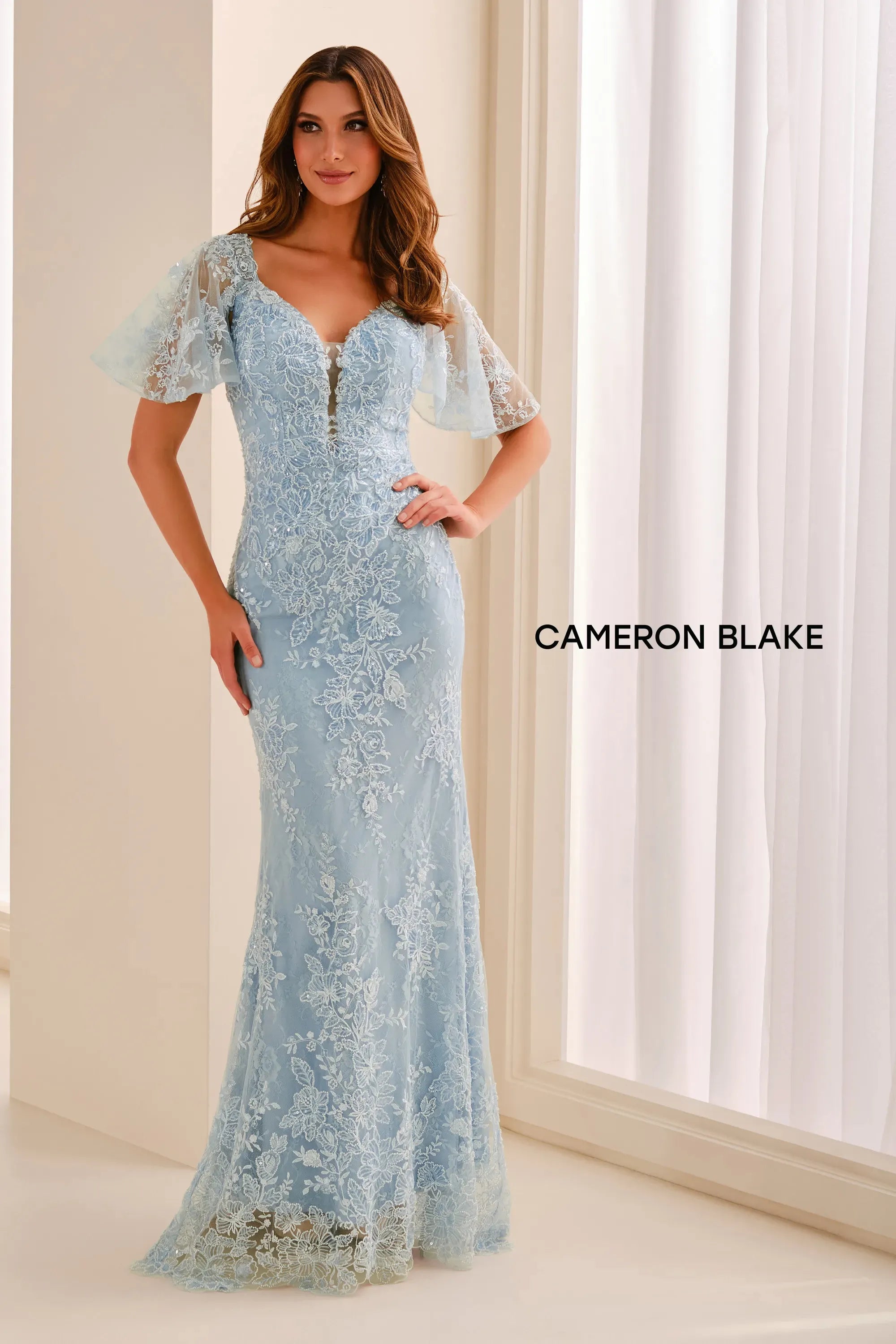 V-Neck Floor-Length Lace Formal Sheath/Column Cameron Blake CB453