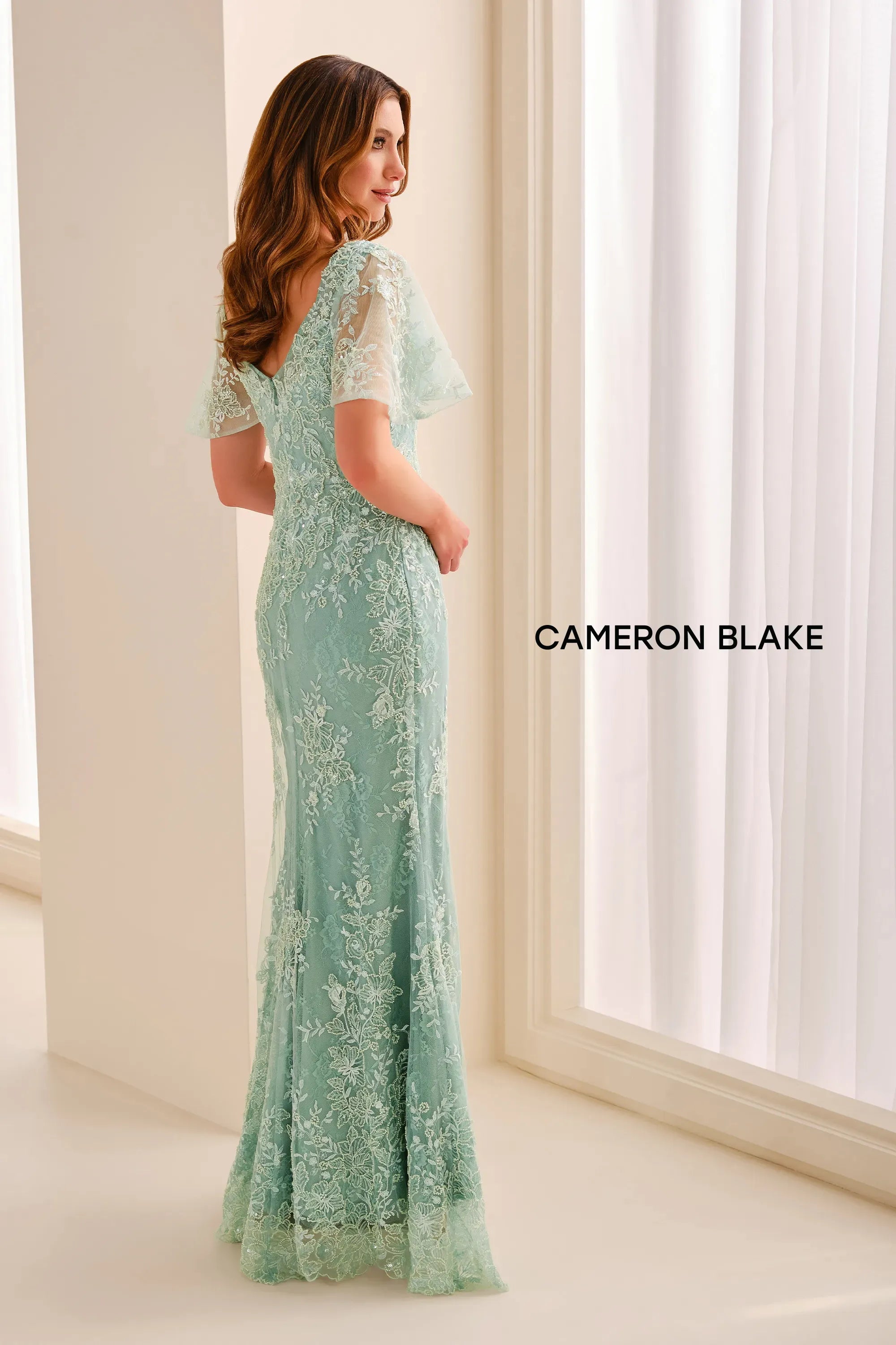 V-Neck Floor-Length Lace Formal Sheath/Column Cameron Blake CB453