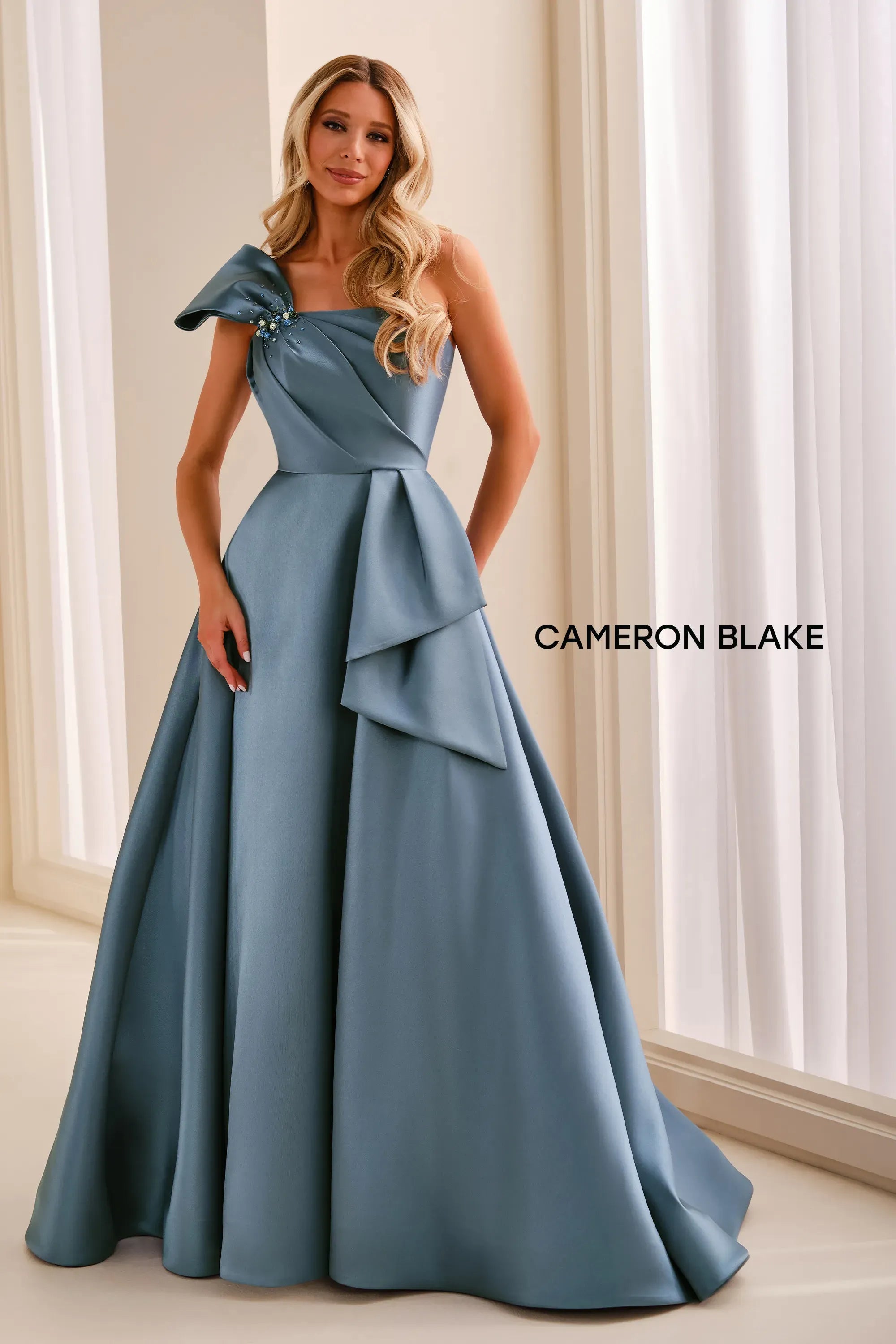 One-Shoulder Floor-Length Mikado Formal A-Line Cameron Blake CB456