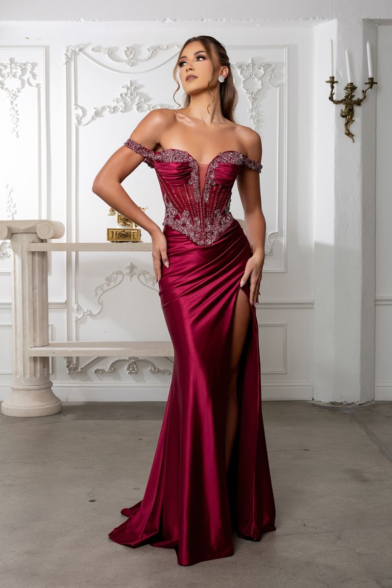 Off-the-Shoulder Floor-Length Satin Prom Sheath Column May Queen RQ8227