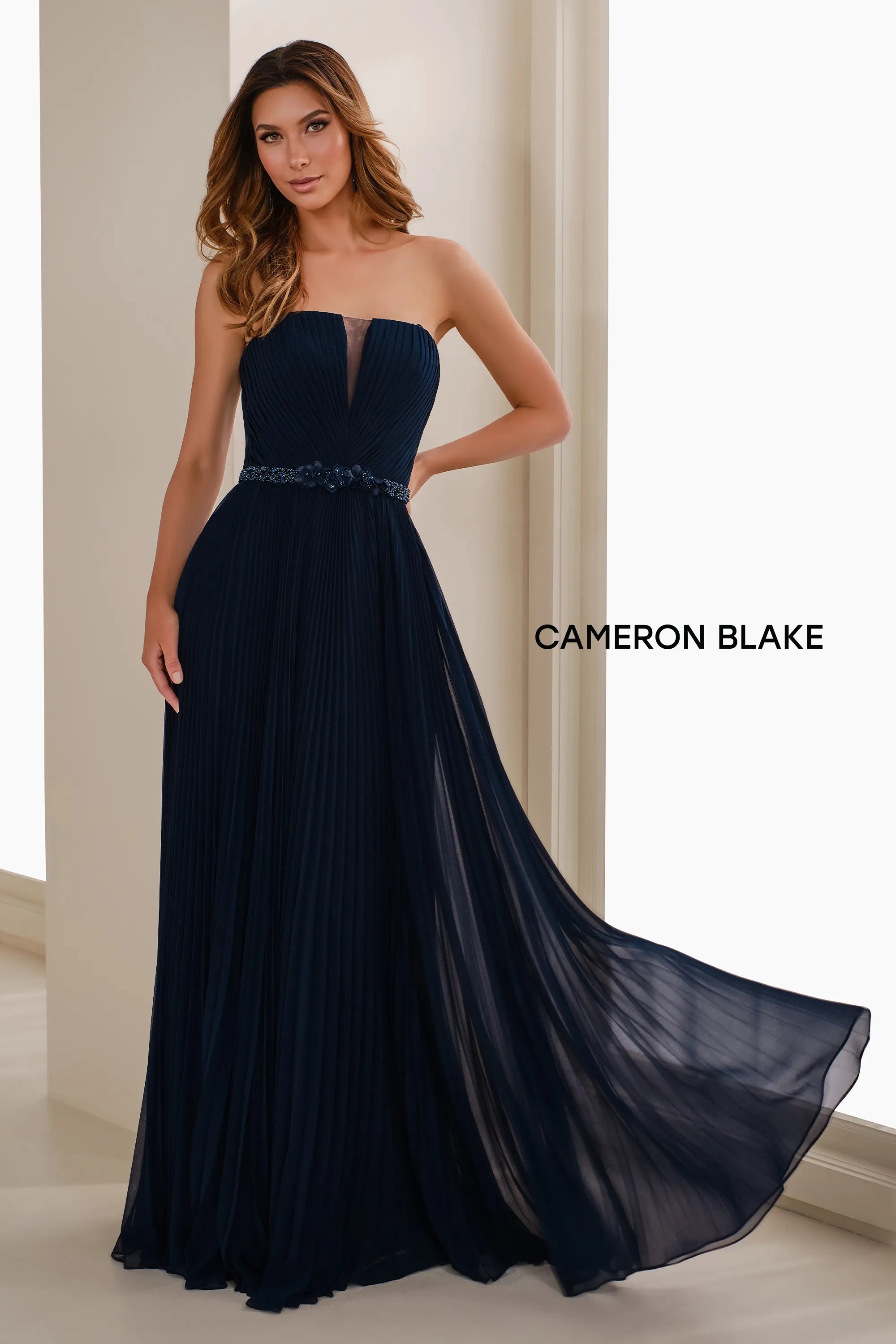 Formal Dresses Pleated Long Formal Beaded A Line Evening Gown Navy Blue
