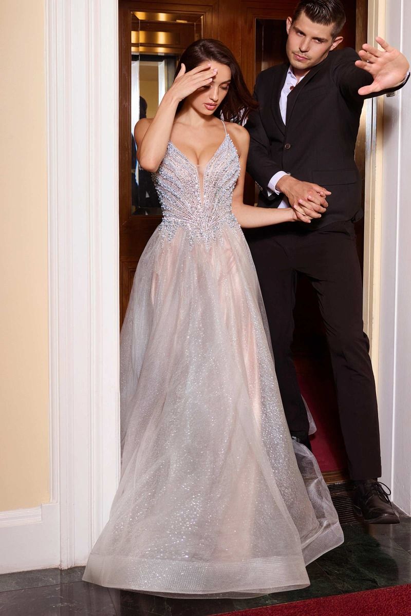 Prom Dresses Long Formal A Line Beaded Prom Dress Silver Nude