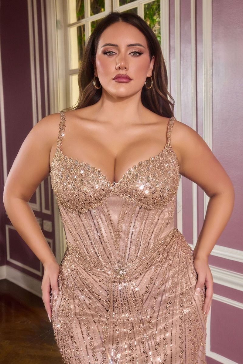 Plus Size Dresses Long Formal Prom Fitted Beaded Plus Size Dress LaDivine CC398C Mocha Gold