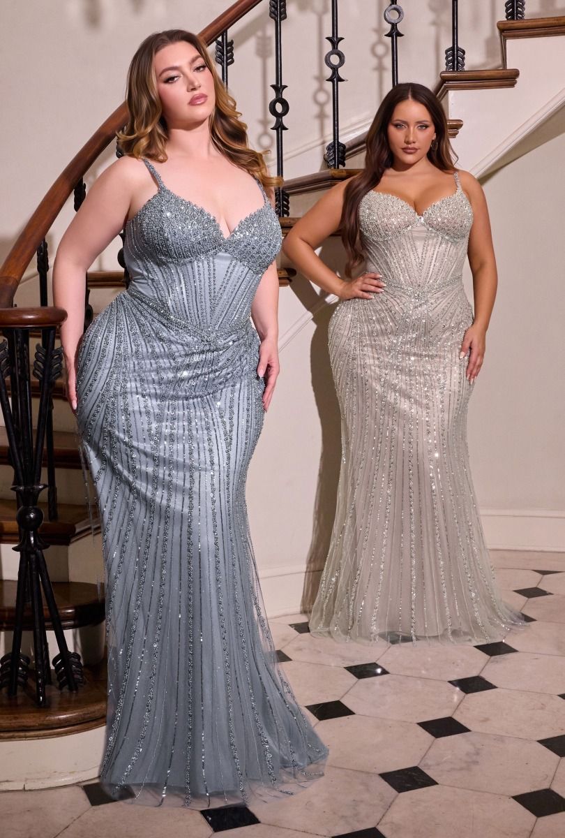 Plus Size Dresses Long Formal Prom Fitted Beaded Plus Size Dress LaDivine CC398C Silver/Nude