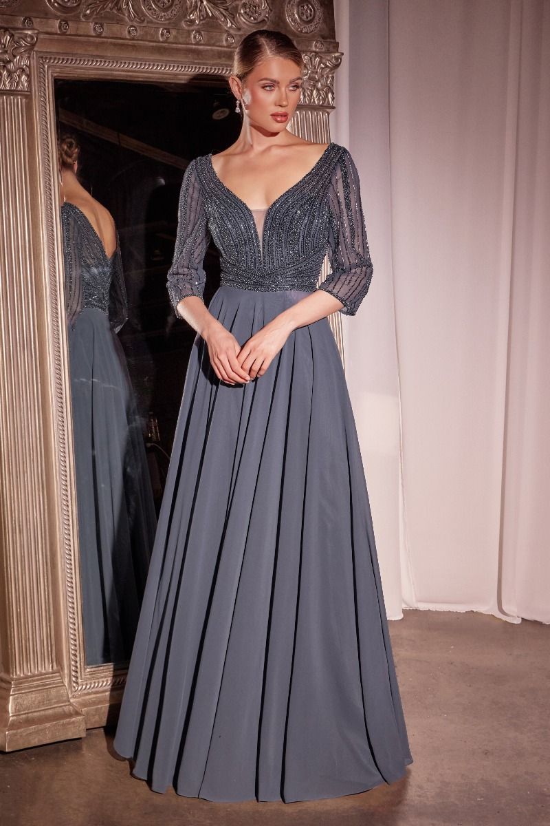 Formal Dresses LaDivine CC446 Long Formal A Line Beaded Evening Dress Indigo Grey
