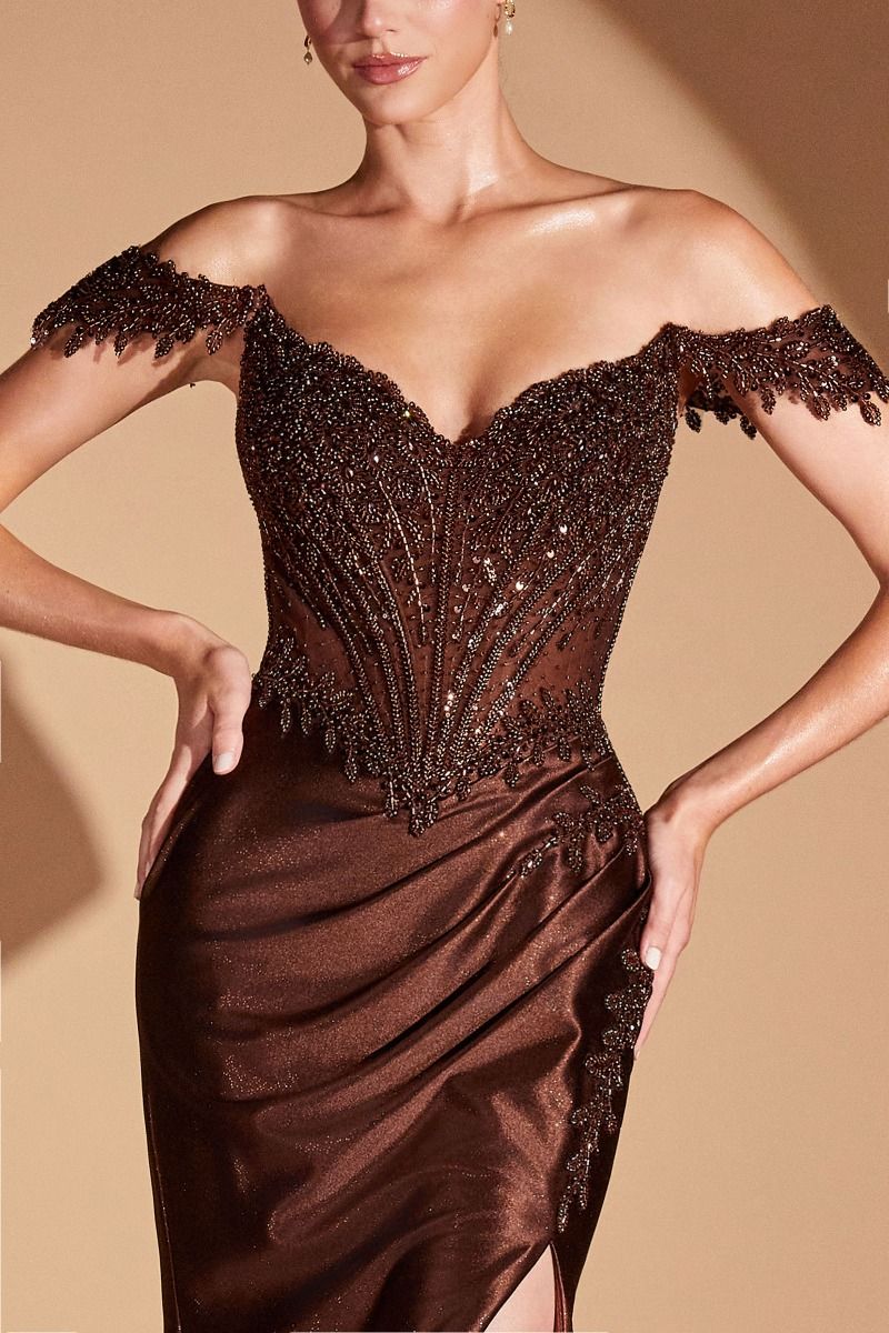 Prom Dresses Fitted Beaded Long Formal Glitter Corset Prom Dress Espresso