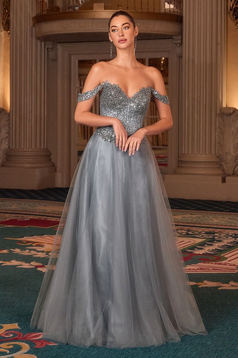 Prom Dresses Glitter Long Formal A Line Beaded Prom Gown Smoky Blue