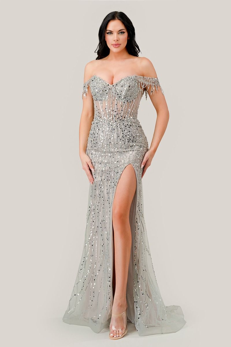 Prom Dresses Off Shoulder Prom Silver Nude