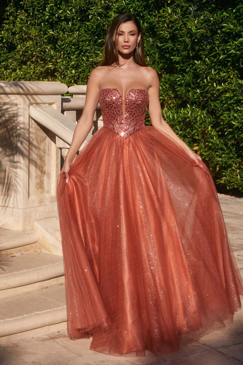 LaDivine CD0217 Long Strapless A Line Sequin Glitter Tulle Skirt Dress