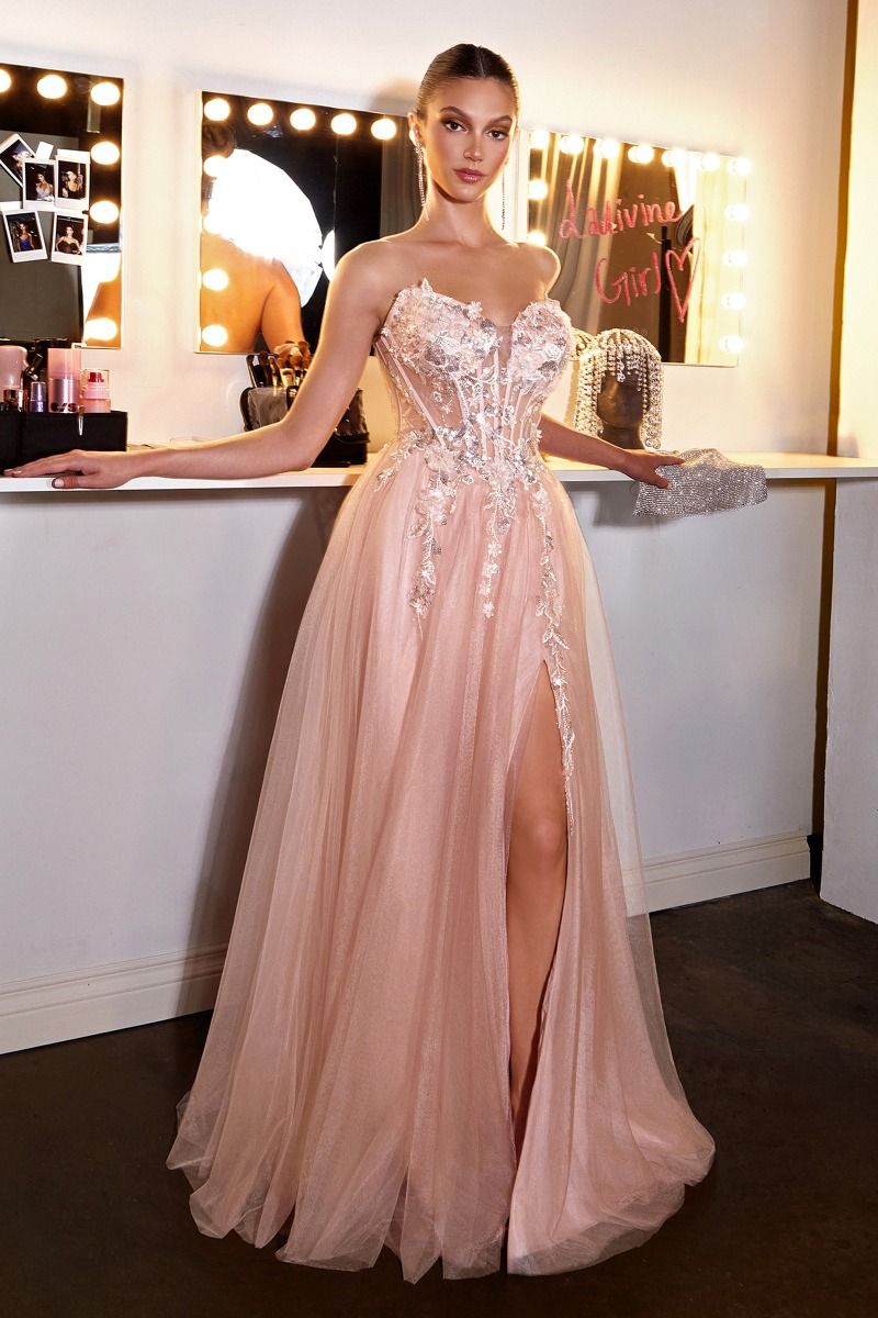 Strapless Curved Neck Floor-Length Tulle Prom Ball Gown LaDivine 2426