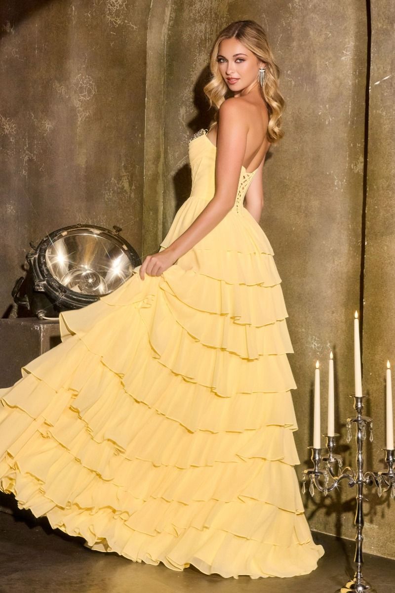 Prom Dresses Long Ruffle Pleated Corset Formal Prom Dress LaDivine CD402 Yellow