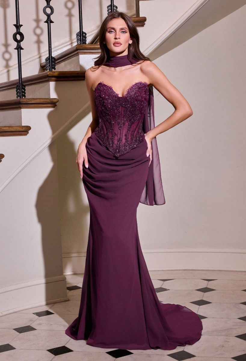 Prom Dresses Long Beaded Corset Formal Prom Evening Dress LaDivine CD683 Eggplant