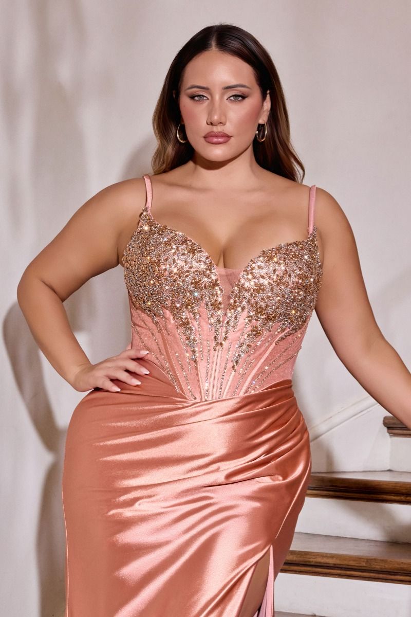 Plus Size Dresses Long Formal Beaded Corset Prom Plus Size Dress LaDivine CD729C Rose Gold
