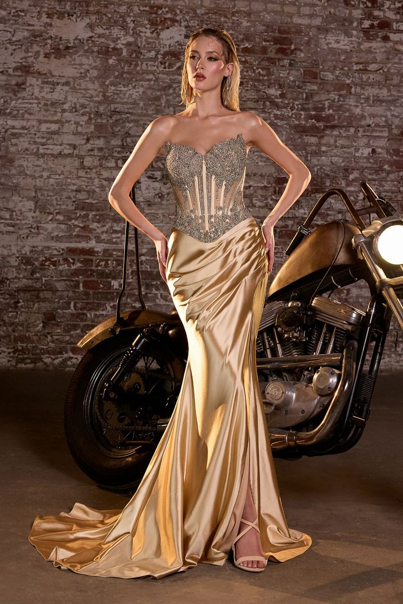 Prom Dresses Beaded Long Corset Formal Fitted Prom Gown Gold
