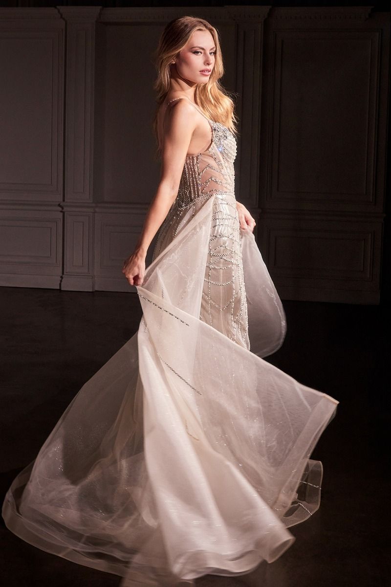Prom Dresses Long Beaded Formal Overskirt Prom Gown Platinum