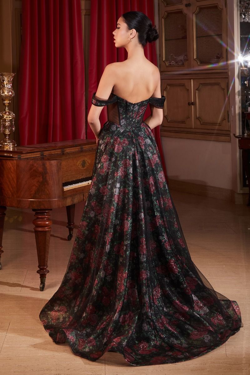 Prom Dresses Floral Long Formal Print Corset Prom Dress Black