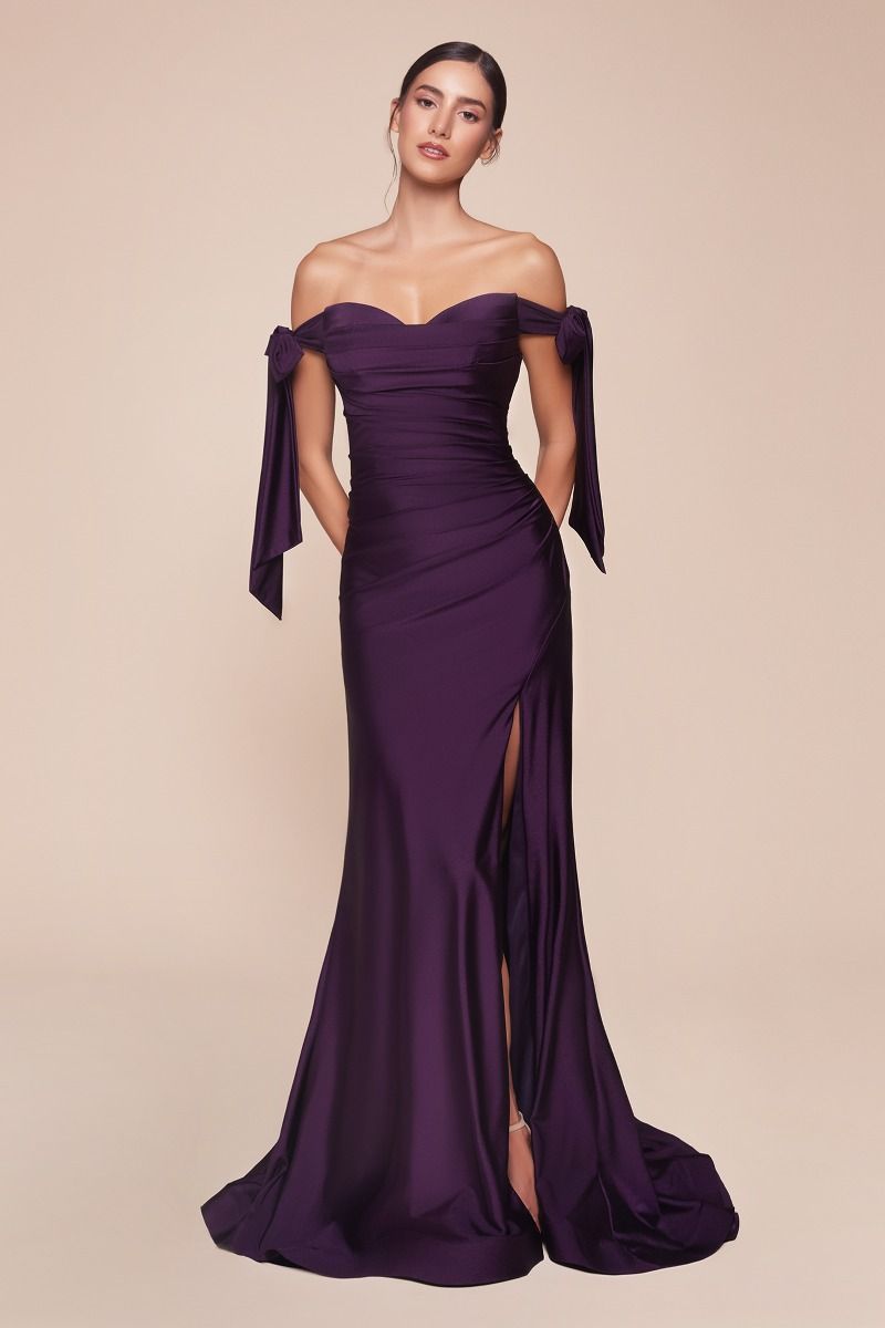 LaDivine CD943C Off Shoulder Long Dress in Eggplant