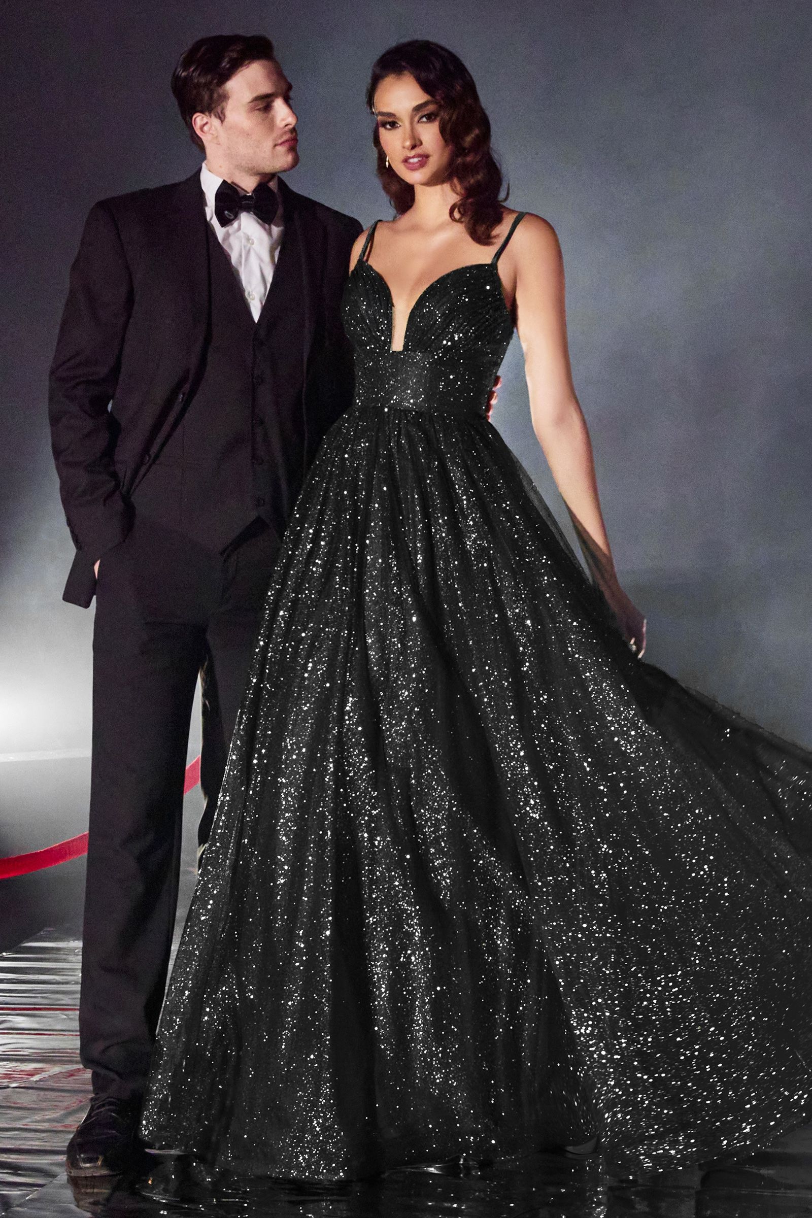 LaDivine 996 Long Layered Glittered Ball Gown in Black
