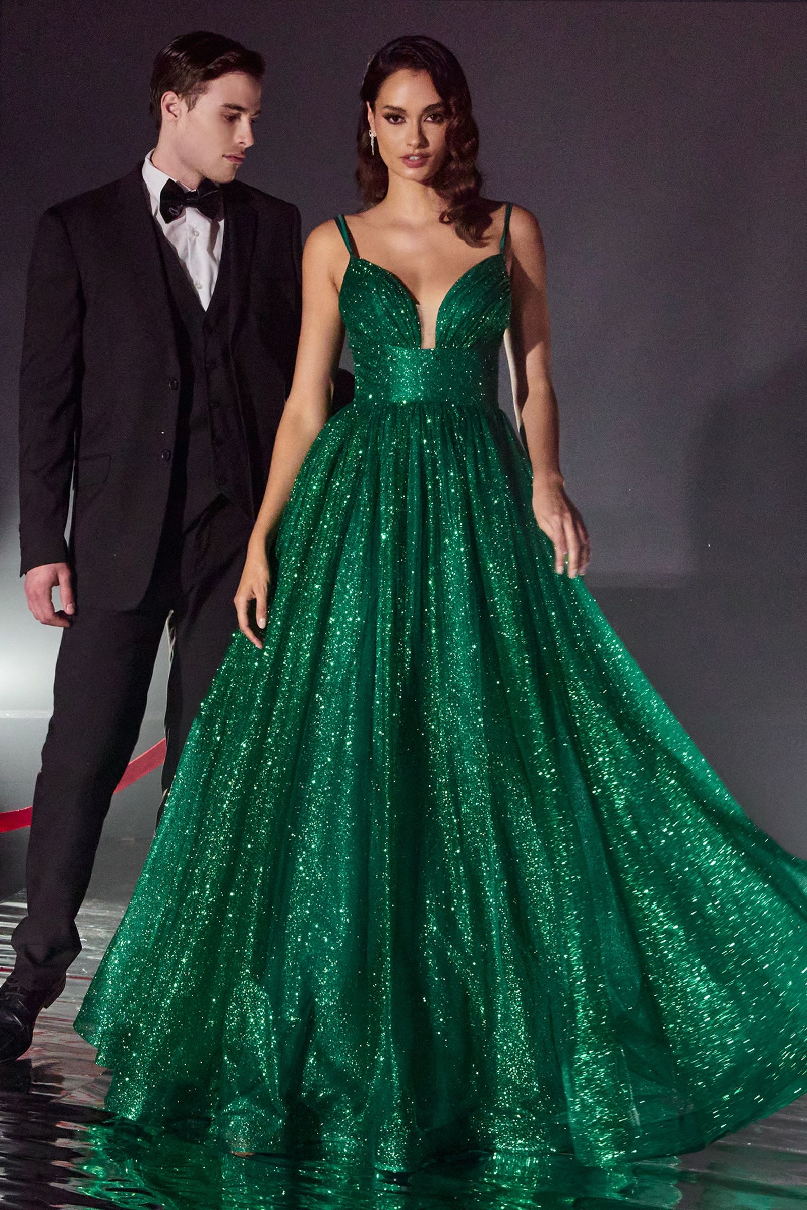 LaDivine 996 Long Layered Glittered Ball Gown in Emerald