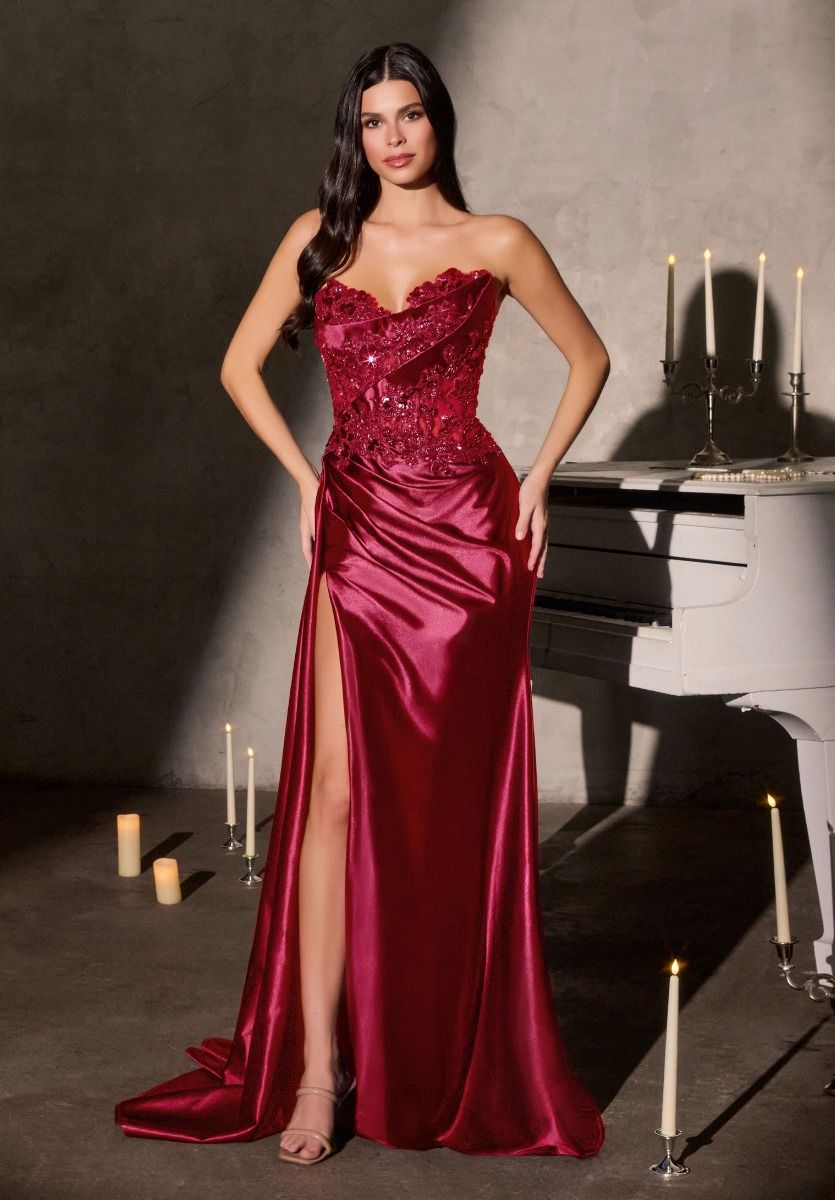 Prom Dresses 3D Floral Formal Long Lace Applique Prom Dress Deep Red
