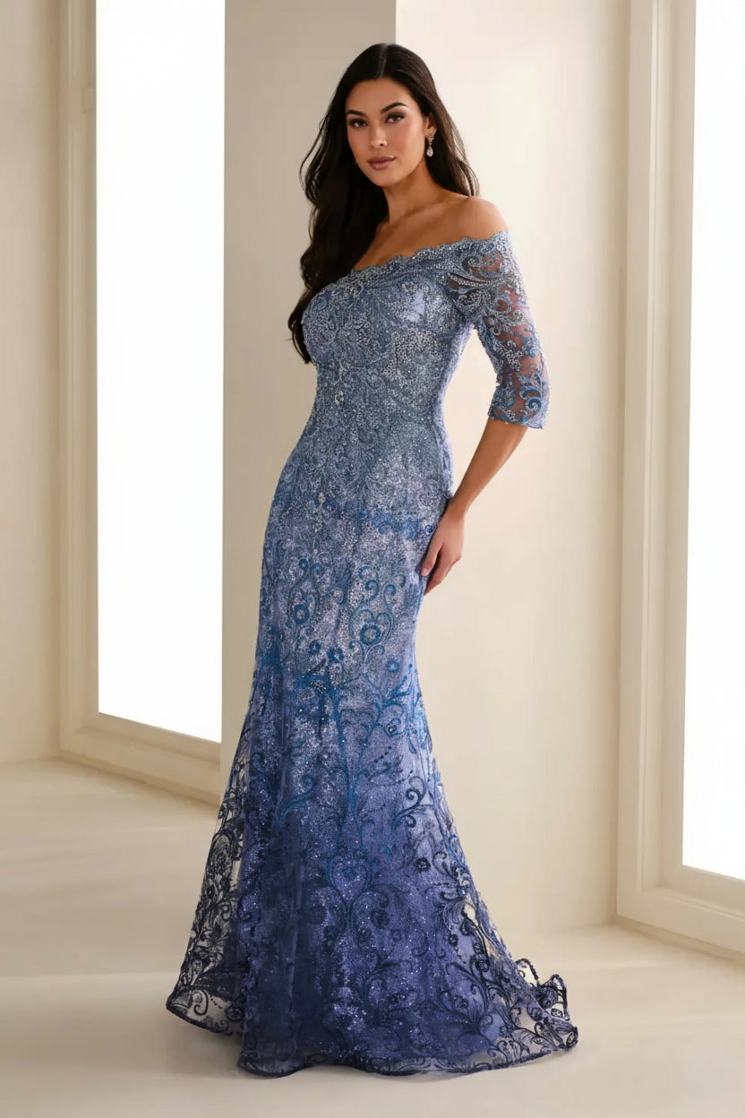 Formal Dresses Long Formal Beaded Lace Ombre Sequin Gown Navy Blue/Periwinkle
