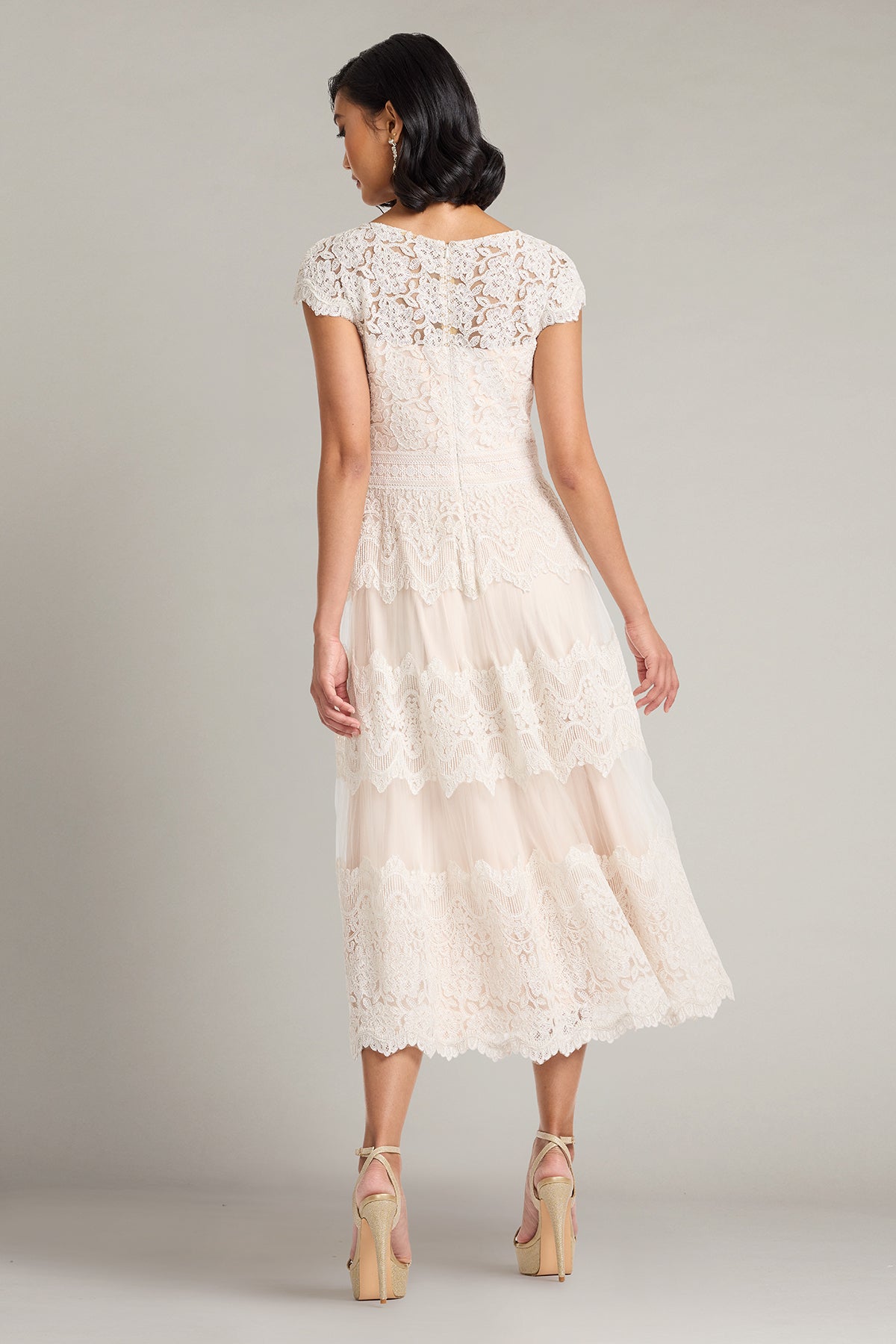 Ivory Petal Illusion Cap Sleeve Tea-Length Tulle Bridal Dress with Lace Tiers Tadashi Shoji CFJ26004MD