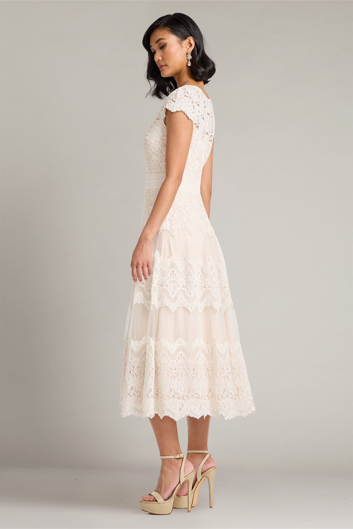 Ivory Petal Illusion Cap Sleeve Tea-Length Tulle Bridal Dress with Lace Tiers Tadashi Shoji CFJ26004MD