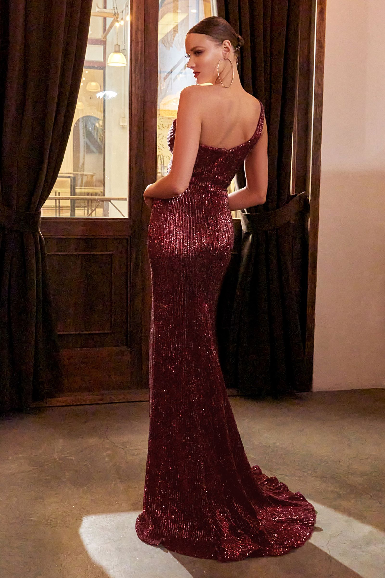 LaDivine CH182 One Shoulder Sequin Long Prom Dress in Burgundy