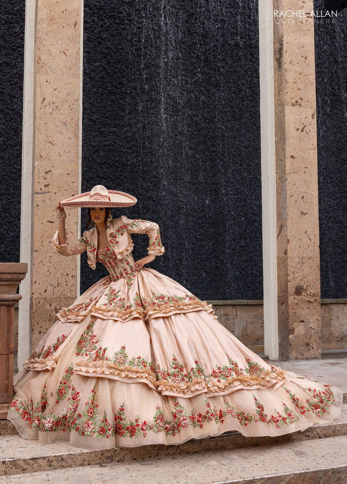 Champagne Red Off the Shoulder Floor Length Taffeta Quinceanera Ball Gown with Floral Embroidery Rachel Allan RQ5015