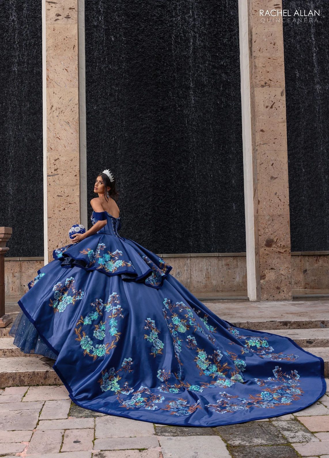 Navy Multi V Neck Floor Length Satin Velvet Quinceanera Ball Gown with Tiered Skirt Rachel Allan RQ5016