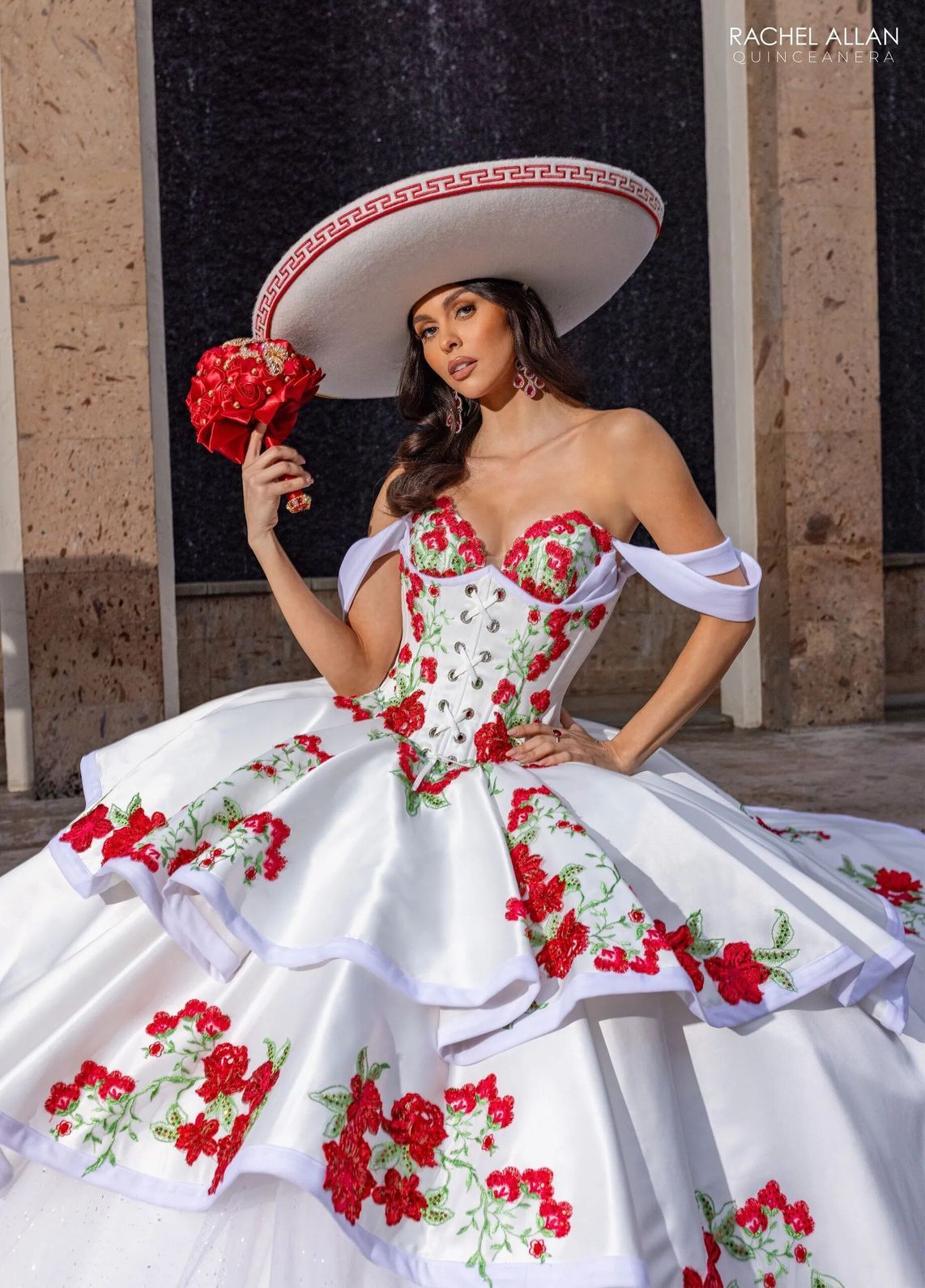 White Multi V Neck Floor Length Satin Velvet Quinceanera Ball Gown with Tiered Skirt Rachel Allan RQ5016