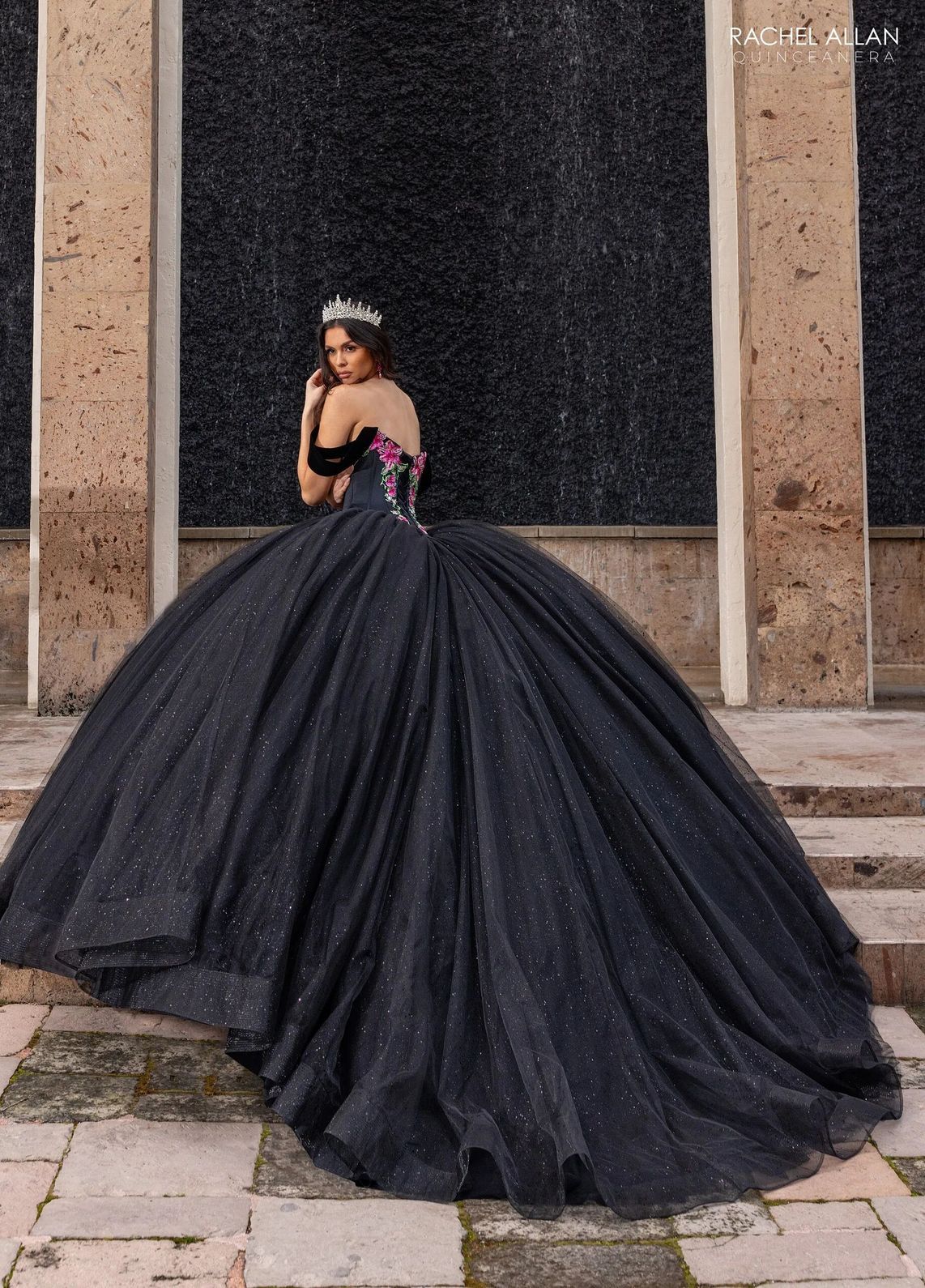 Black Multi V Neck Floor Length Satin Velvet Quinceanera Ball Gown with Tiered Skirt Rachel Allan RQ5016