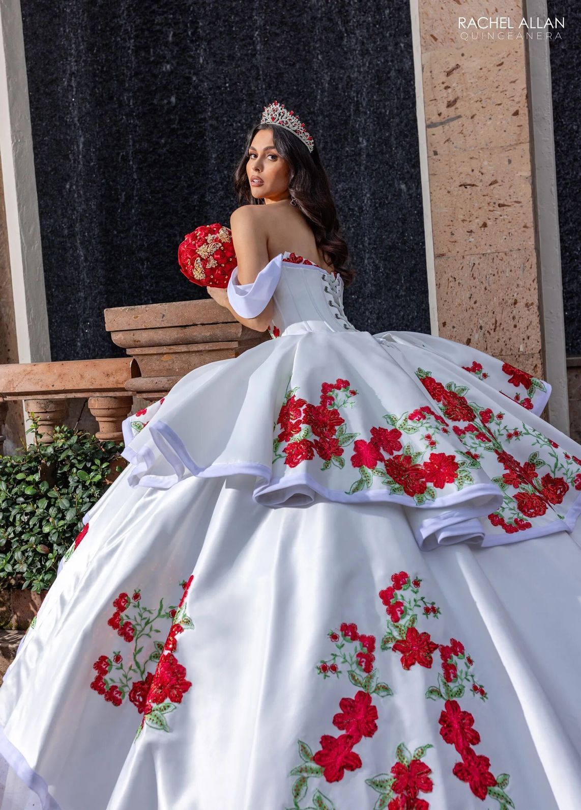 White Multi V Neck Floor Length Satin Velvet Quinceanera Ball Gown with Tiered Skirt Rachel Allan RQ5016