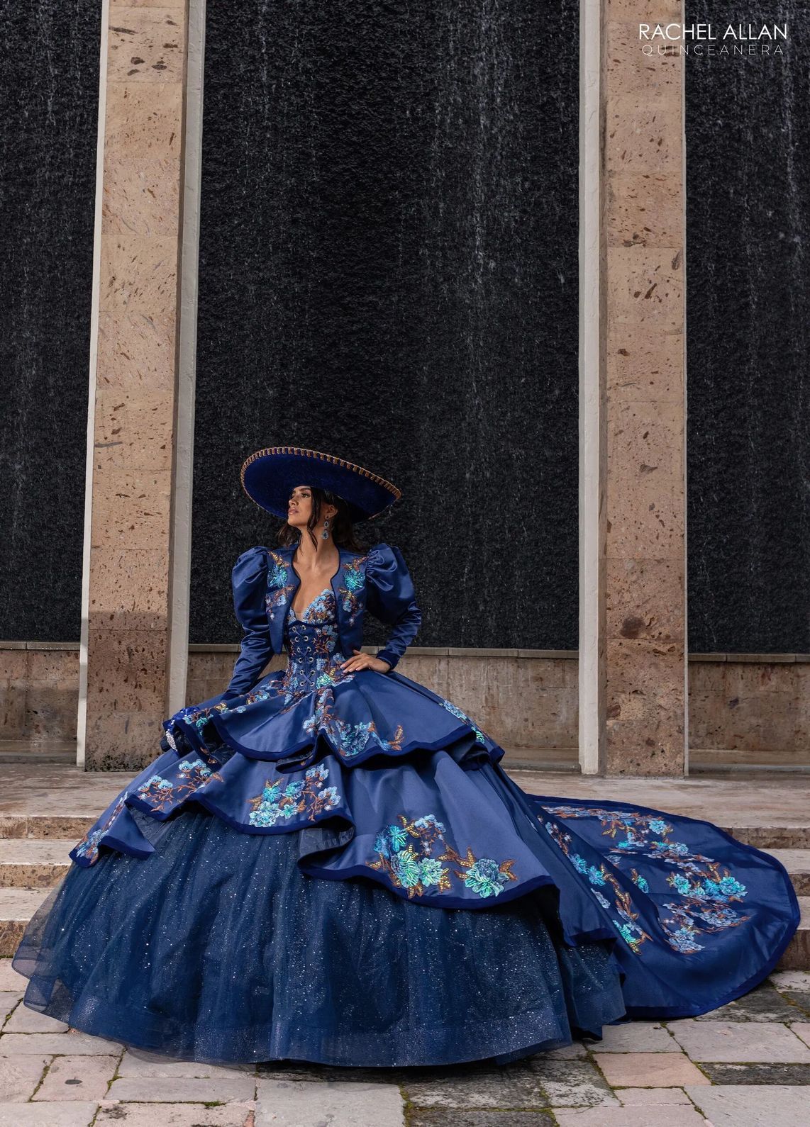 Navy Multi V Neck Floor Length Satin Velvet Quinceanera Ball Gown with Tiered Skirt Rachel Allan RQ5016