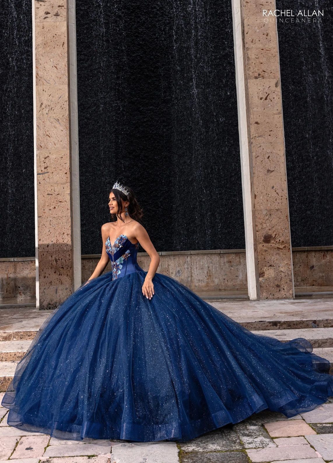 Navy Multi V Neck Floor Length Satin Velvet Quinceanera Ball Gown with Tiered Skirt Rachel Allan RQ5016