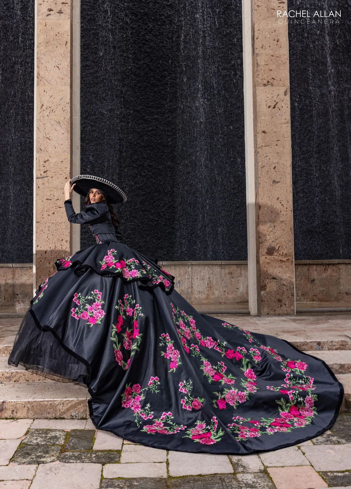 Black Multi V Neck Floor Length Satin Velvet Quinceanera Ball Gown with Tiered Skirt Rachel Allan RQ5016