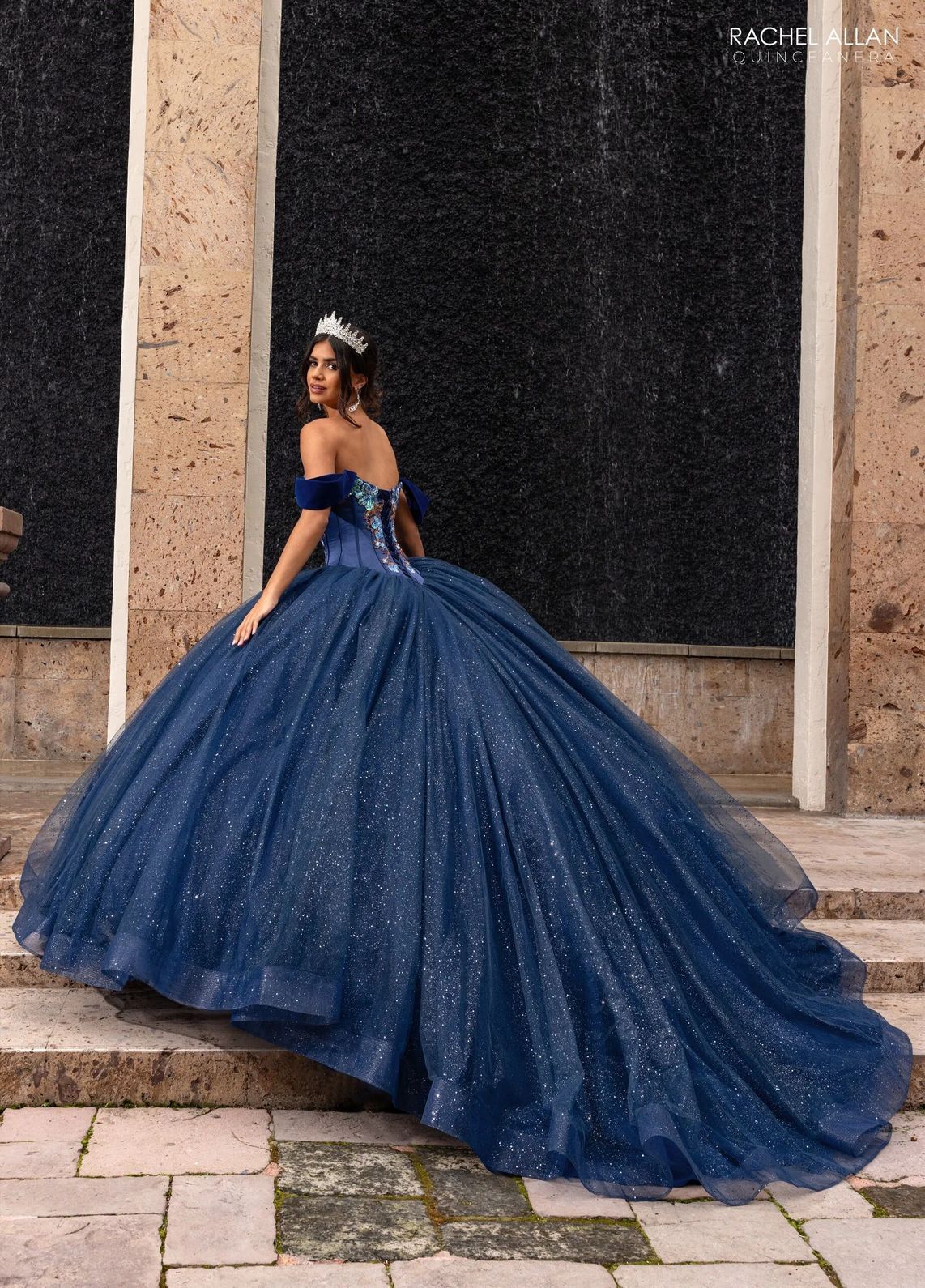 Navy Multi V Neck Floor Length Satin Velvet Quinceanera Ball Gown with Tiered Skirt Rachel Allan RQ5016