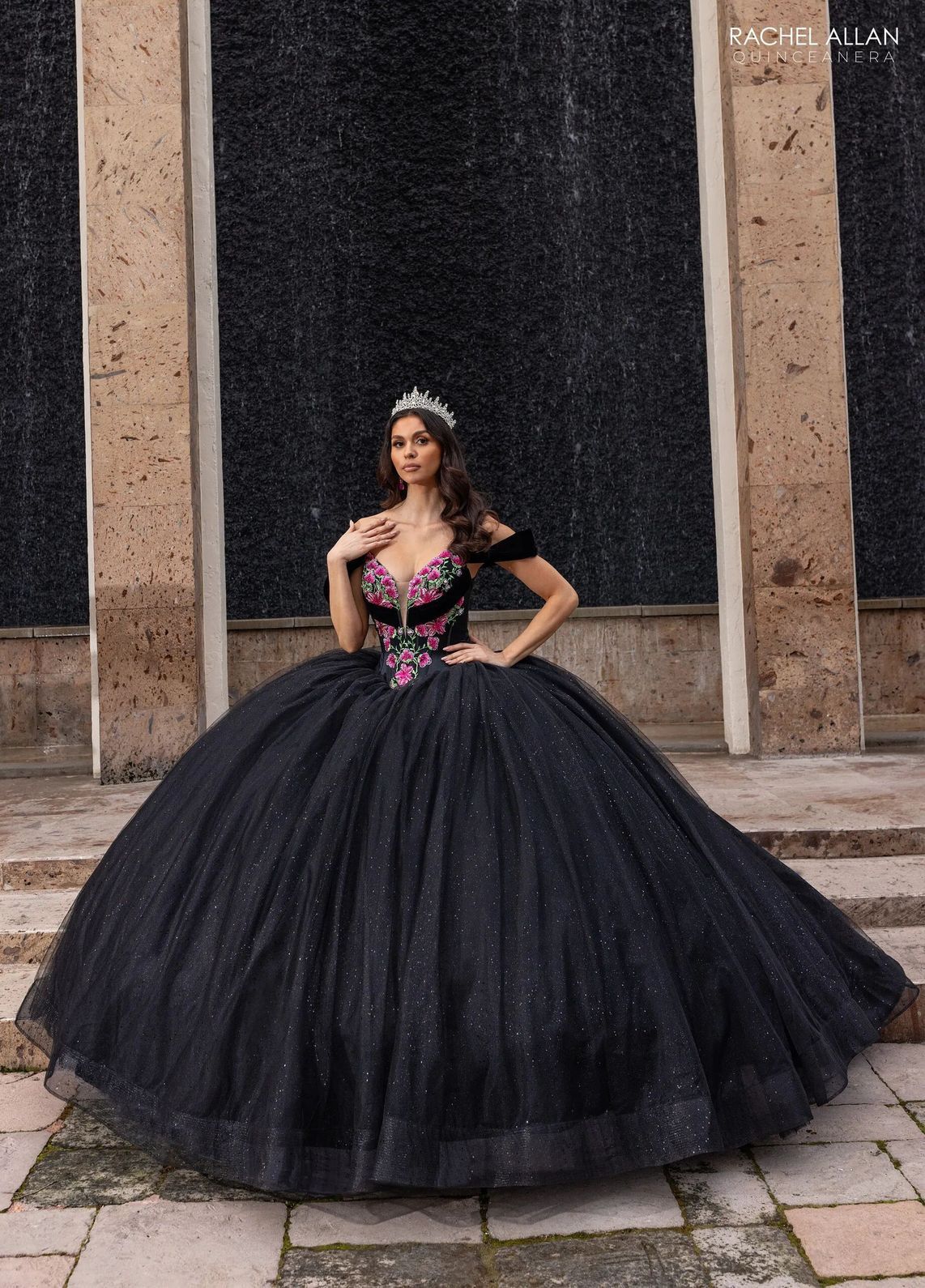 Black Multi V Neck Floor Length Satin Velvet Quinceanera Ball Gown with Tiered Skirt Rachel Allan RQ5016