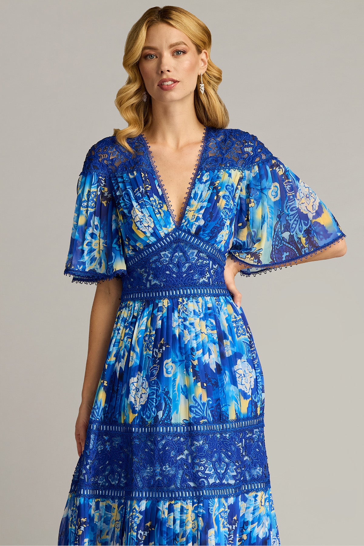 Formal Dresses Long Floral Pleated Formal Dress Mystic Blue